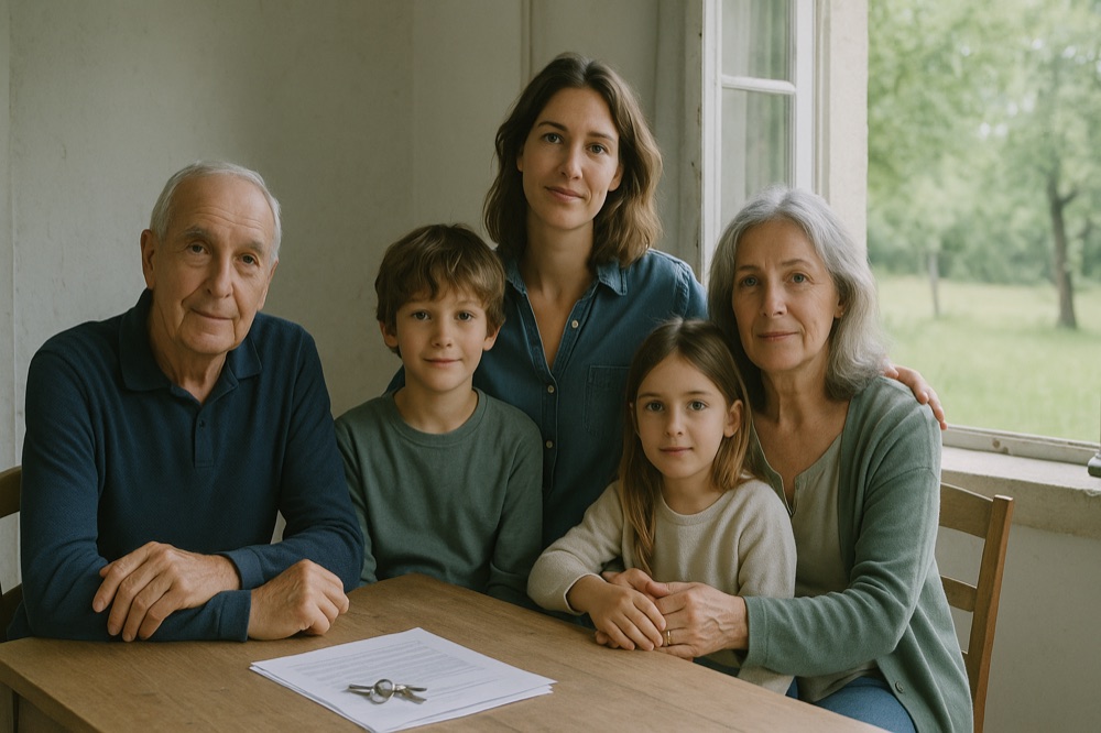 Trois générations d'une famille réunies autour d'une table